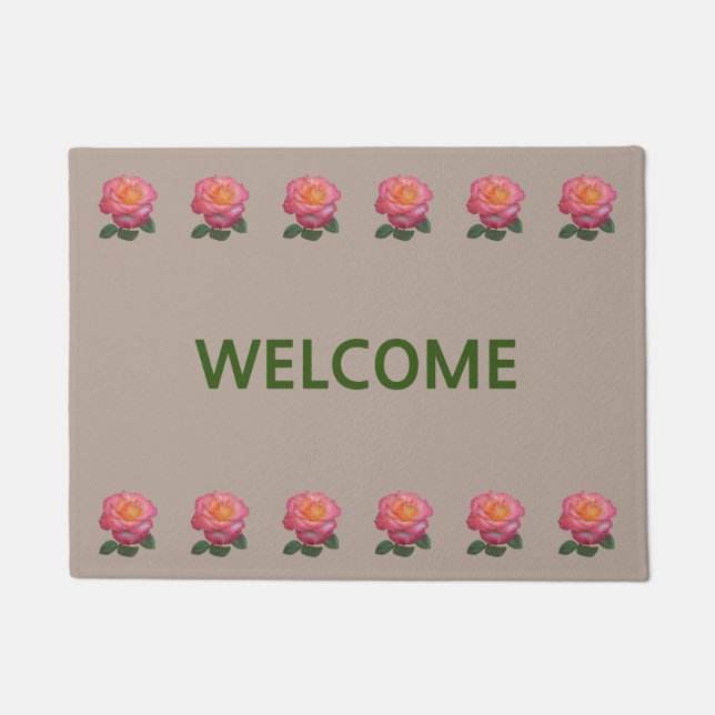 Paillasson Belles roses roses roses sur beige Bienvenue (Devant)