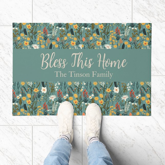 Paillasson "Bénissez cette maison" Floral Personnalisable Por ("Bless This Home" Floral Personalizable Doormat)
