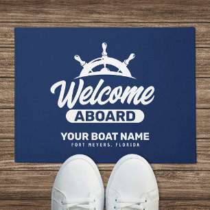 Paillasson Bienvenue à bord, nom du bateau bleu marine person