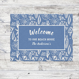 Paillasson Bienvenue à notre Beach House Navy-Blue Hand-Drawn