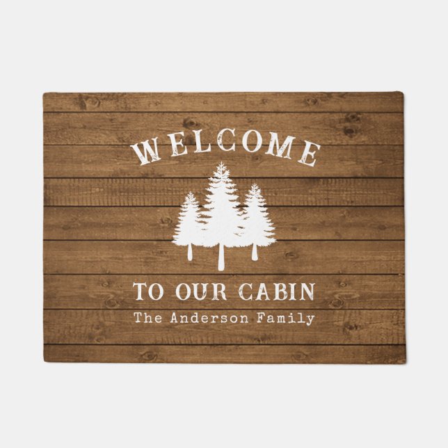 Paillasson Bienvenue À Notre Cabine Arbres Style Bois Impress (Devant)