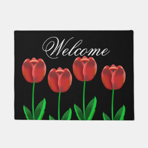 Paillasson Bienvenue aux Tulipes noires et rouges
