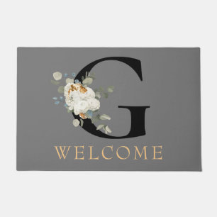 Paillasson BIENVENUE Blanc Floral Or Accents Monogramme G