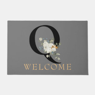 Paillasson BIENVENUE Blanc Floral Or Accents Monogramme Q