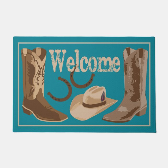 Paillasson Bienvenue Boots bleus Turquoises Turquoise Casquet (Devant)