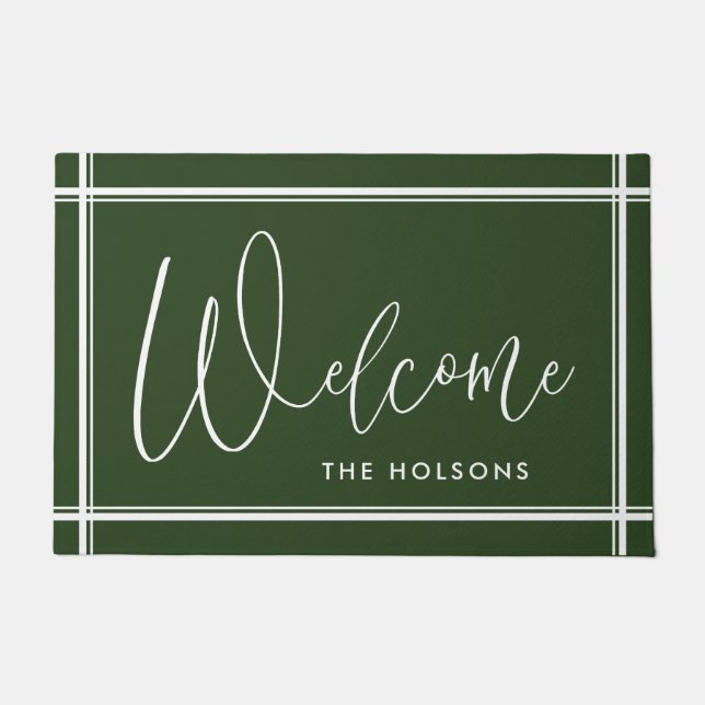 Paillasson Bienvenue Calligraphie Script Nom Forest Green (Devant)