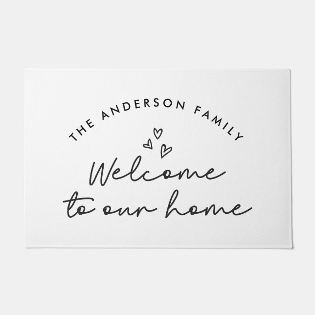 Paillasson Bienvenue dans notre maison script moderne noir et (Devant)