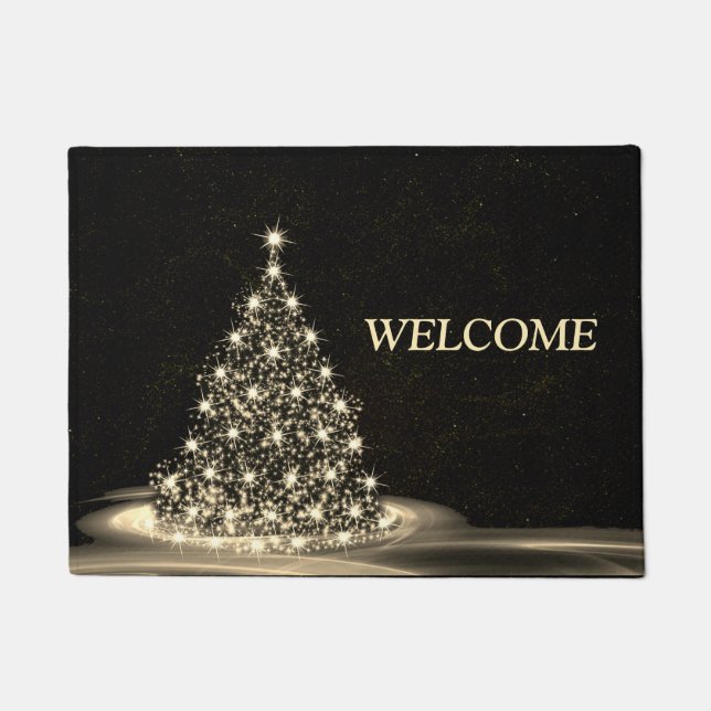 Paillasson Bienvenue de Noël Arbre brillant doré hiver noir (Devant)