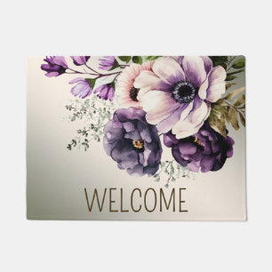 Paillasson Bienvenue Fleurs rose violet Doré Élégant