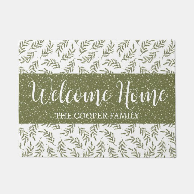 Paillasson Bienvenue hiver Cypress et neige Motif vert (Devant)