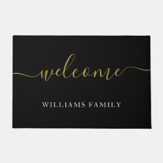 Paillasson Bienvenue moderne Black Gold Script Nom de famille