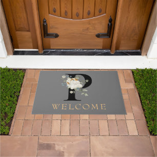 Paillasson BIENVENUE Monogramme Fleurs Blanches Accents Dorés