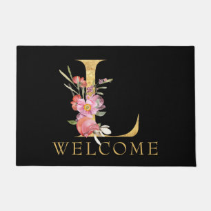 Paillasson BIENVENUE, Monogramme L or aux fleurs roses, Noir