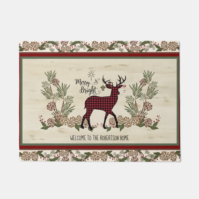 Paillasson Bienvenue Noël Joyeux et brillant cerf rustique (Devant)