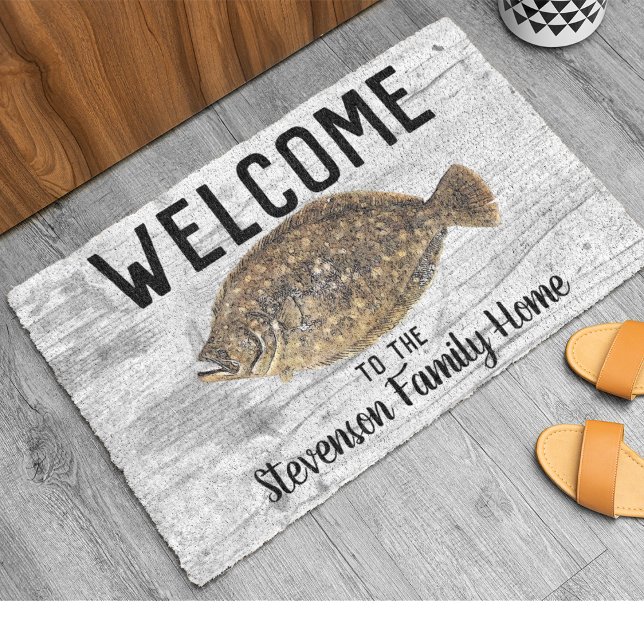 Paillasson Bienvenue Pêche Flounder Nom de famille Rustique (Flounder Fishing Welcome Doormat.)