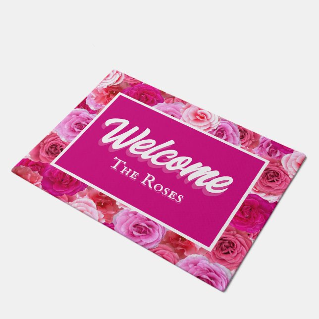 Paillasson Bienvenue Personnalisé Fleurs Roses à l'Entrée (Incliné)