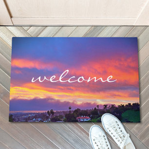 Paillasson Bienvenue Pink Blue Yellow Sunset Coastal Photo 