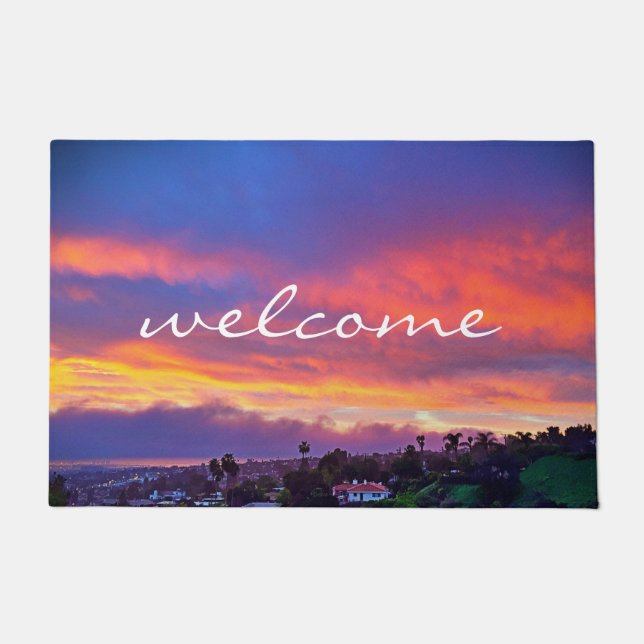 Paillasson Bienvenue Pink Blue Yellow Sunset Photo Côtière (Devant)