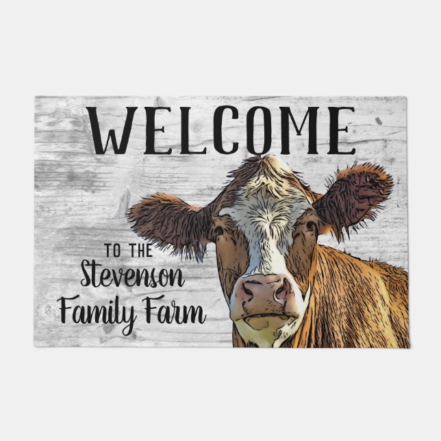 Paillasson Bienvenue Red Holstein Cow Animal Nom de famille (Devant)