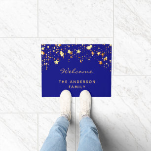 Paillasson Bienvenue royal bleu or étoiles nom de famille