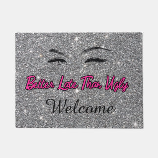 Paillasson Bienvenue Salon de Beauté Argent Rose Porte Mat