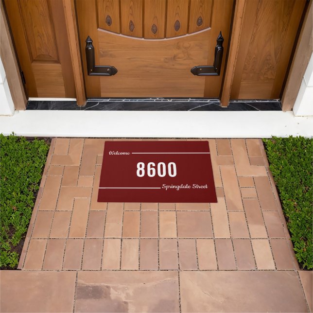 Paillasson Bienvenue Script Dark Red et White Street Adresse (De plein air)