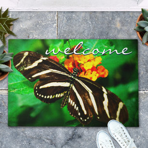 Paillasson Bienvenue Script noir blanc rayé Papillon photo