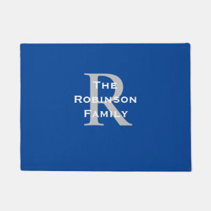 Paillasson Blanc Bleu Gris Nom Monogrammé