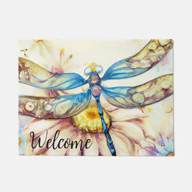 Paillasson Bleu Aquarelle Dragonfly, Personnaliser le mat de  (Devant)