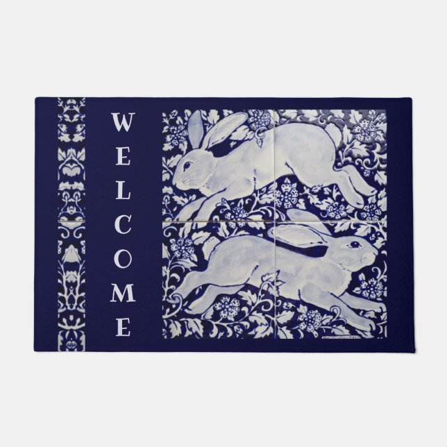 Paillasson Bleu Blanc Lapin Bunny Bienvenue Carrelage Art Gra (Devant)