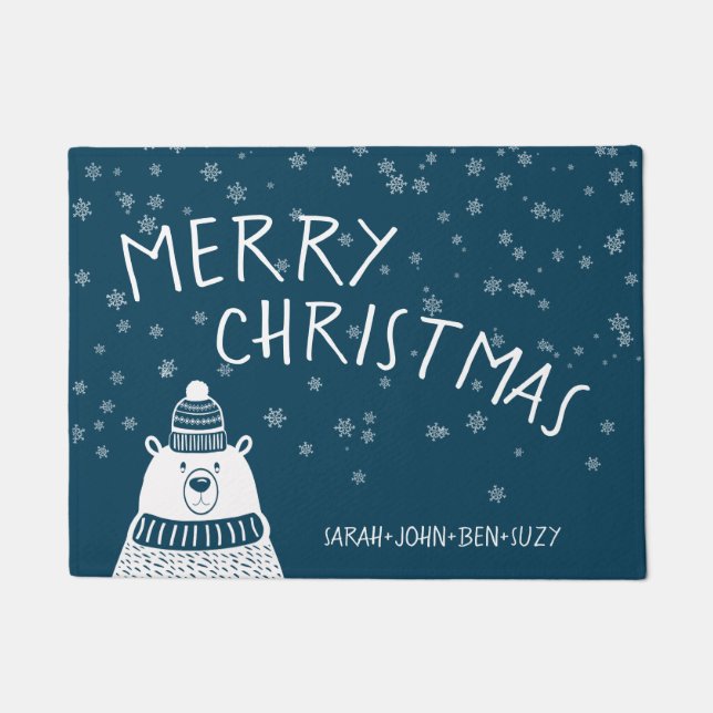 Paillasson Bleu et blanc doux Ours Joyeux Noël Snowflakes (Devant)