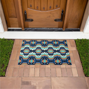 Paillasson Bleu foncé Turquoise Terracotta Black Tribal Art