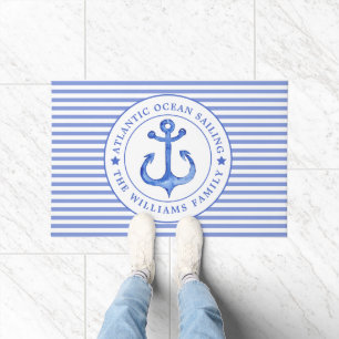 Paillasson Bleu marine nautique d'Ancre barré personnalisé