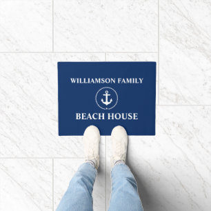 Paillasson Bleu marine nautique d'Ancre de nom de famille de