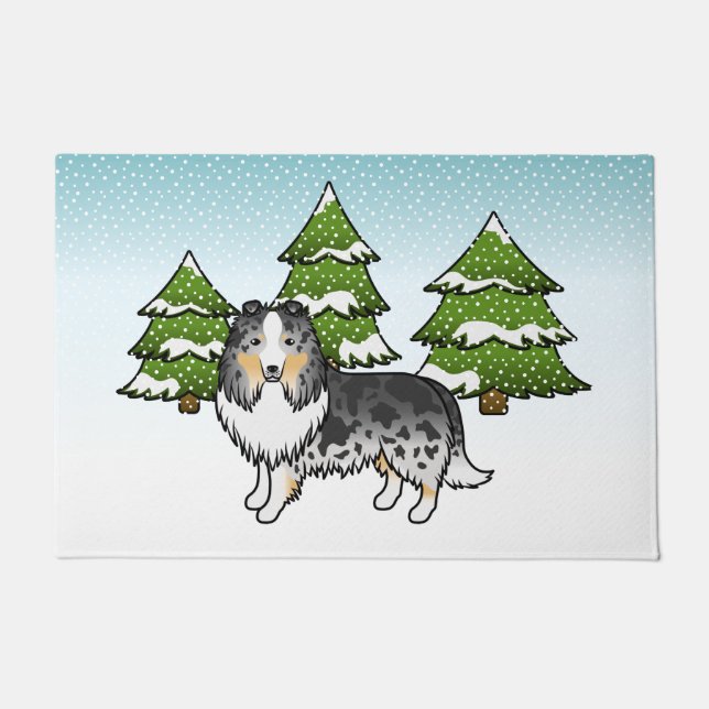 Paillasson Bleu Merle Shetland Sheepdog Dans Une Forêt D'Hive (Devant)