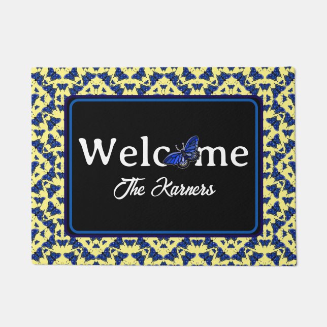 Paillasson Bleu papillons en Motif amusant sur Jaune (Devant)
