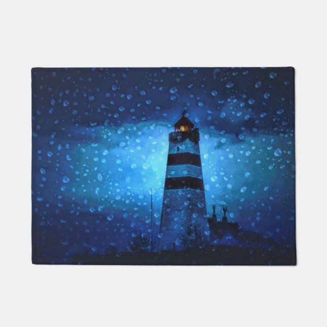 Paillasson Bleu phare une nuit sombre pluvieuse avec gouttes (Devant)