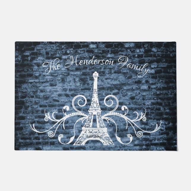 Paillasson Blue Eiffel Tower Grunge Porte personnalisée Mat (Devant)