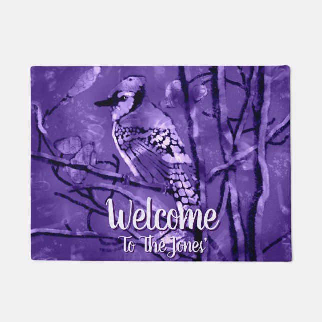 Paillasson Blue Jay Bird Purple Abstract Art Personalized (Devant)