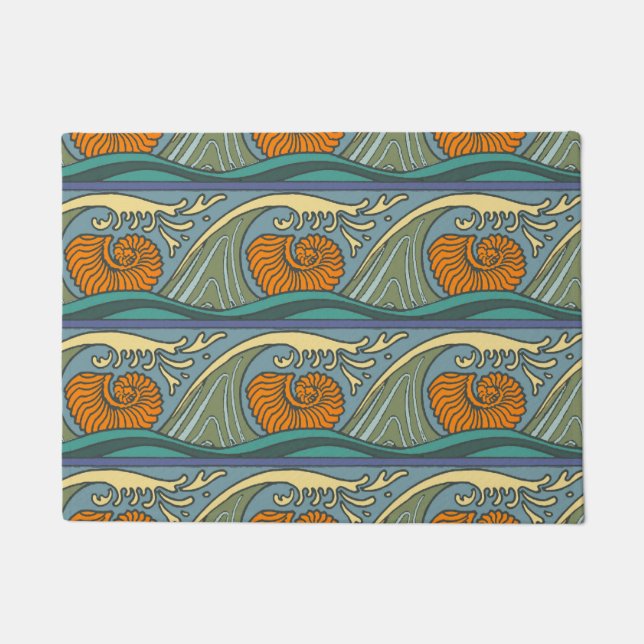 Paillasson Blue Ocean Waves Nautilus Seashell Motif Nouveau (Devant)
