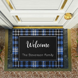 Paillasson Blue Plaid Welcome Monogramme Nom de famille