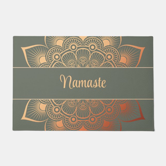 Paillasson Bohemian Sage Green et Peach Mandala Custom Text (Devant)