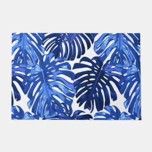 Paillasson Boho Bleu Blanc Tropical Feuille Motif