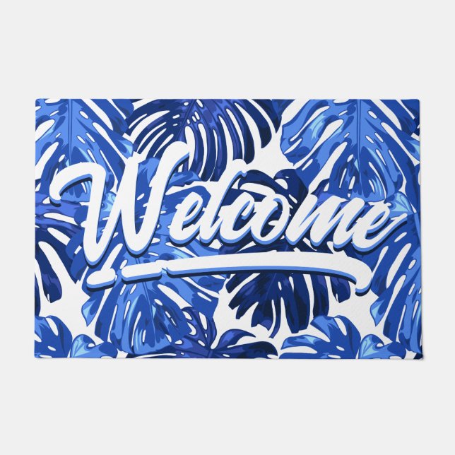 Paillasson Boho Blue White Tropical Leaves Script Bienvenue (Devant)