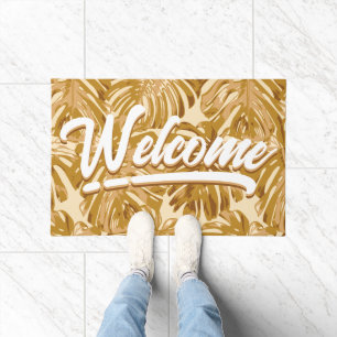 Paillasson Boho Feuilles Jaunes Tropiques Bienvenue Script