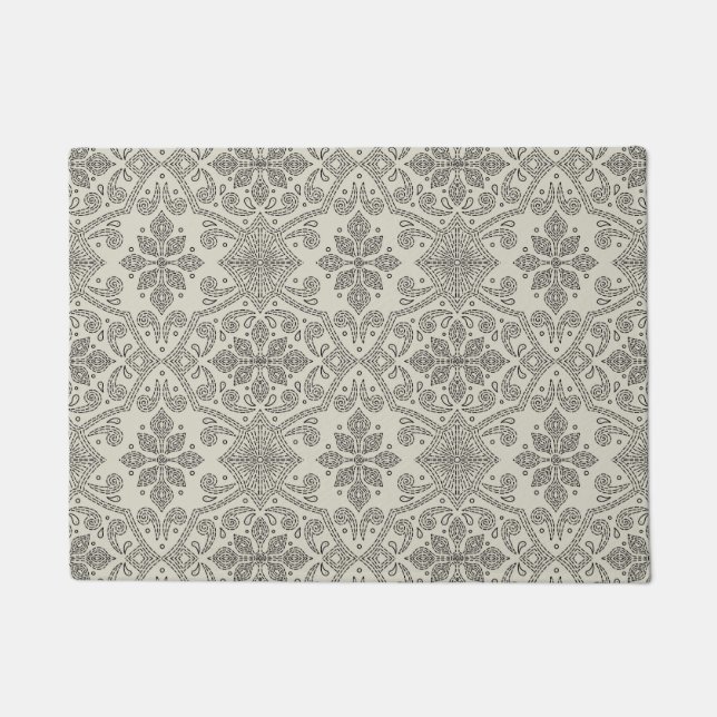 Paillasson Boho Floral Damask Line Art, Black on Beige (Devant)