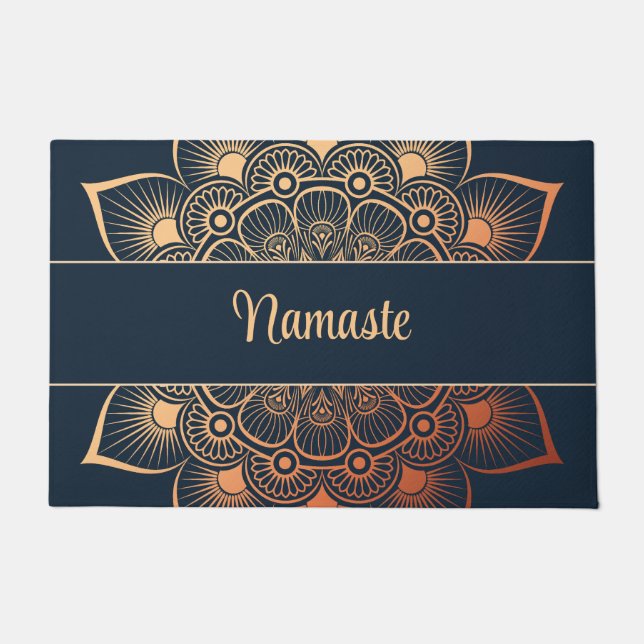 Paillasson Boho Navy Blue et Peach Mandala Custom Text (Devant)