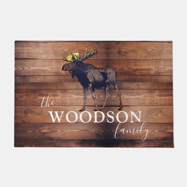 Paillasson Bois rustique Nom de famille Moose de marche (Devant)