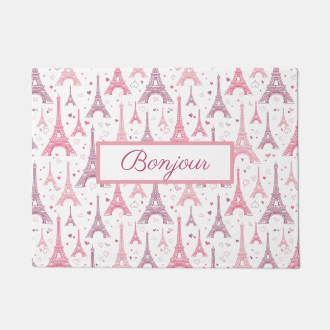Paillasson Bonjour Paris France Tour Eiffel rose violet (Devant)