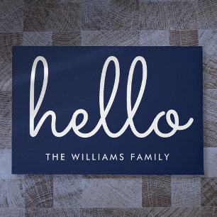 Paillasson Bonjour Stylish Script Bleu Marine Nom de Famille